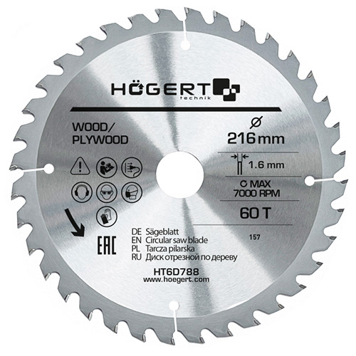 Диск пиляльний по дереву Hoegert Mn65 216х1,6х30 мм (HT6D788)