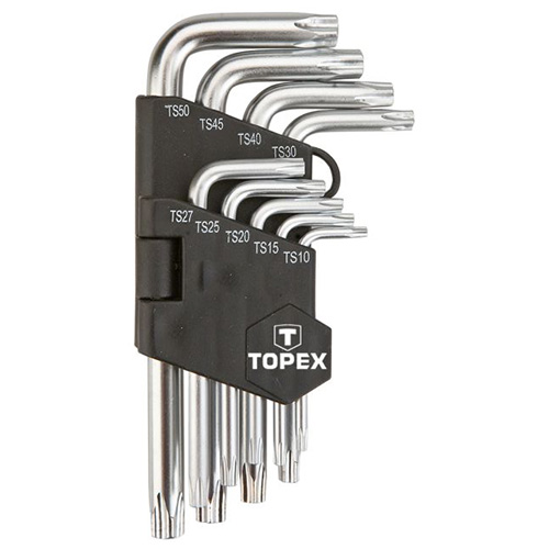 Набір ключів Torx Г-подібних укорочених з отвором TOPEX Cr-V 9 шт. (35D950)