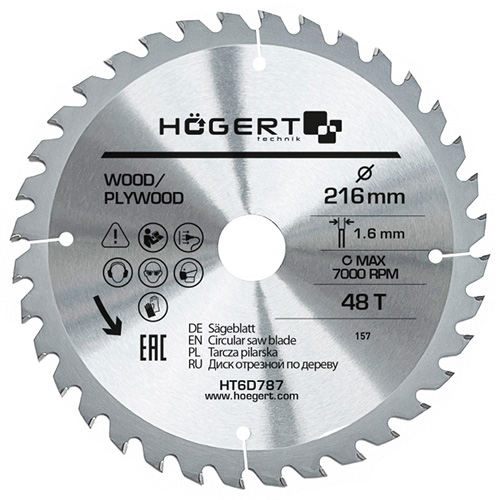 Диск пильный по дереву Hoegert Mn65 216х1,6х30 мм (HT6D787)
