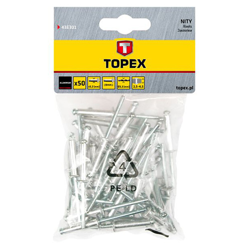 Заклепки алюмінієві TOPEX 3,2х8,0 мм 50 шт. (43E301)