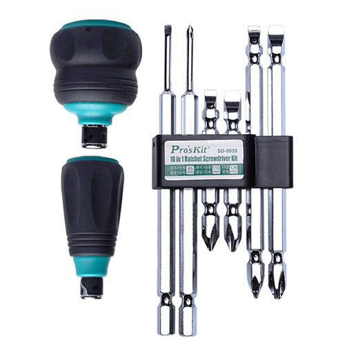 Отвертка трещоточная с набором двухсторонних бит Pro'sKit 10в1 8 шт. (SD-9820)