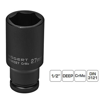 Головка торцевая 6-гранная ударная удлиненная Hoegert Cr-Mo 1/2" 27 мм (HT4R027)