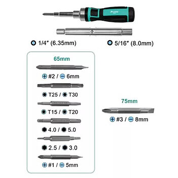 Отвертка трещоточная с набором двухсторонних бит Pro'sKit 16 шт. (SD-9821)