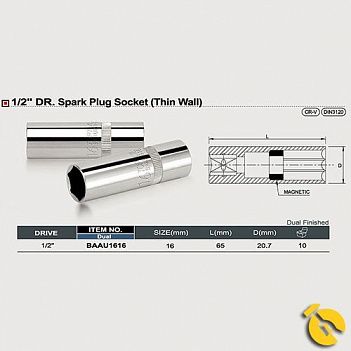 Головка торцевая 6-гранная удлиненная свечная Toptul 3/8" 16 мм (BAAU1216)