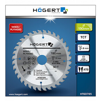 Диск пиляльний по дереву Hoegert Mn65 190х1,6х30 мм (HT6D785)