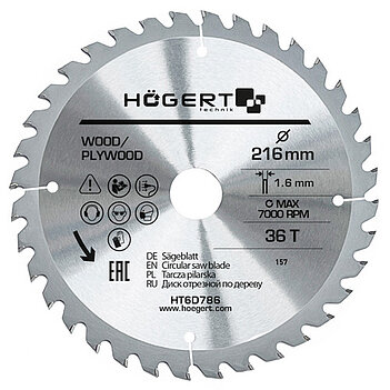 Диск пиляльний по дереву Hoegert Mn65 216х1,6х30 мм (HT6D786)
