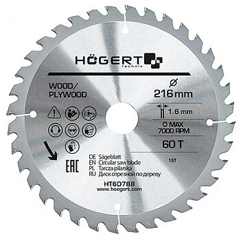 Диск пиляльний по дереву Hoegert Mn65 216х1,6х30 мм (HT6D788)