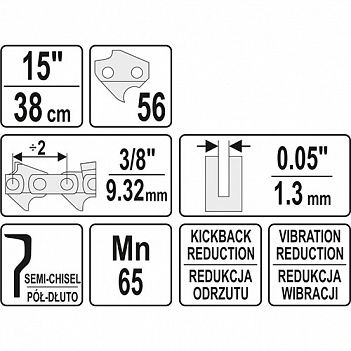 Ланцюг для пили Yato 15", 3/8", 1,3 мм, 56DL (YT-84952)
