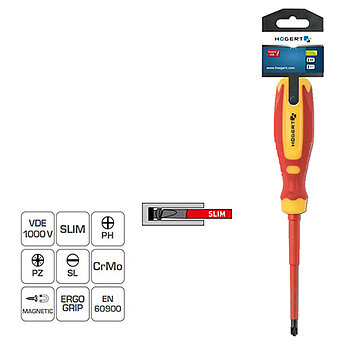 Отвертка плоско-крестовая диэлектрическая магнитная Hoegert Cr-Mo PZ1/SL5 100 мм 1000V (HT1S976)