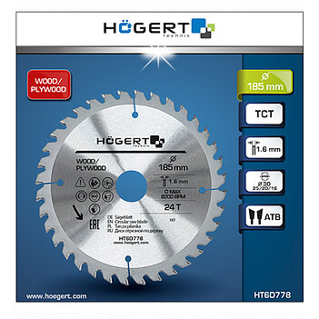 Диск пильный по дереву Hoegert Mn65 185х1,6х30 мм (HT6D778)