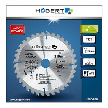 Диск пиляльний по дереву Hoegert Mn65 216х1,6х30 мм (HT6D788)