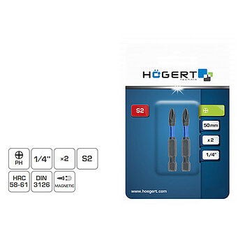 Бита ударная магнитная Phillips Hoegert S2 1/4" PH2 2 шт. (HT1S152)