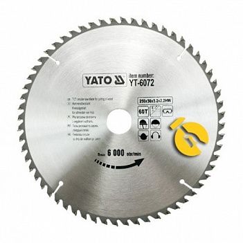 Диск пиляльний по дереву і пластику Yato 250х30х2,2 мм (YT-6072)