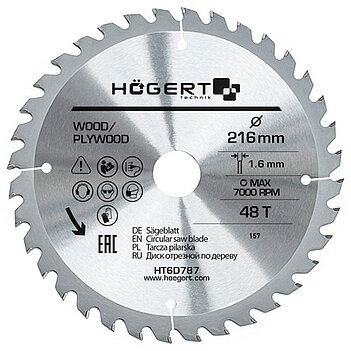Диск пильный по дереву Hoegert Mn65 216х1,6х30 мм (HT6D787)