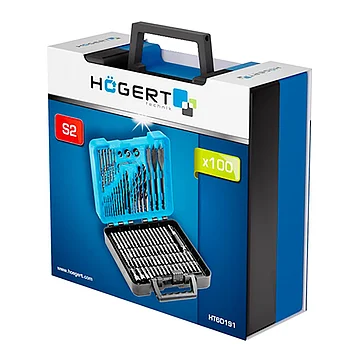 Набор аккумуляторная дрель-шуруповерт Hoegert + аккумулятор + зарядное устройство + набор сверл и бит 100 шт. + перчатки (HT2E220-0DD-Promo)