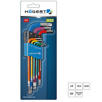 Набор ключей Hex Ball Г-образных удлиненных с шаром цветных Hoegert S2 9 ед. (HT1W806)