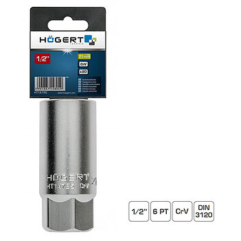 Головка торцевая 6-гранная удлиненная свечная Hoegert Cr-V 1/2" 21 мм (HT1A785)