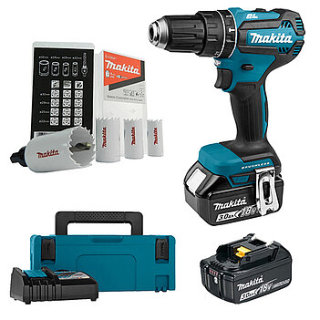 Аккумуляторная ударная дрель-шуруповерт Makita + набор коронок 4 шт. (SET-DHP485RFJ-0525) Аккумуляторная ударная дрель-шуруповерт Makita + набор коронок 4 шт. (SET-DHP485RFJ-0525)