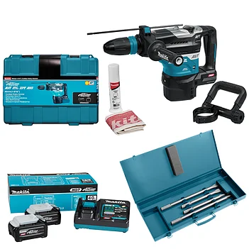 Перфоратор аккумуляторный Makita + аккумулятор 2 шт. + зарядное устройство + зубило 4 шт. (SET-HR005GZ01-0826)