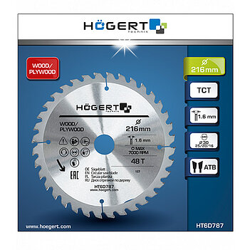 Диск пильный по дереву Hoegert Mn65 216х1,6х30 мм (HT6D787)