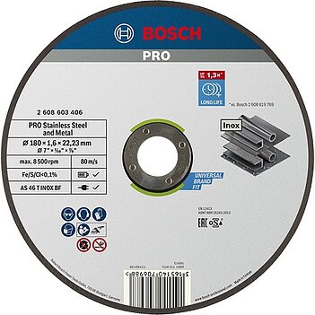 Круг отрезной по металлу Bosch PRO Stainless Steel and Metal 180 х 1,6 х 22,23  мм (2608603406)