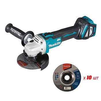 Угловая шлифмашина аккумуляторная Makita + круг зачистной по металлу 10 шт. (SET-DGA511Z-0726) - без аккумулятора и зарядного устройства