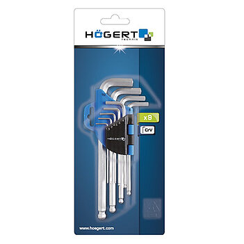 Набір ключів Hex Ball Г-подібних подовжених з кулею Hoegert Cr-V 9 шт. (HT1W804)